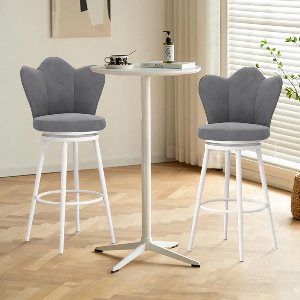 Taburetes de Bar giratorios de Altura de mostrador (Juego de 2), tapizados en Terciopelo con Respaldo Alto, Color Gris Moderno para Isla de Cocina, Patas Blancas.