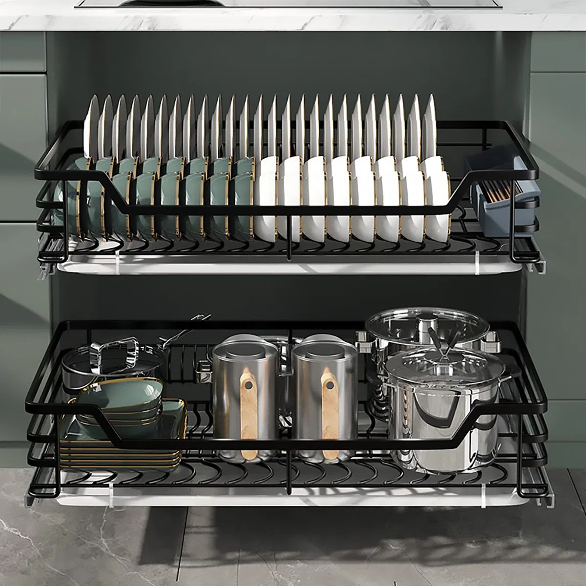 Gabinete extraíble de 2 niveles, cesta de alambre de acero inoxidable, estante deslizante para cocina, armarios, despensa, solución duradera y que ahorra espacio