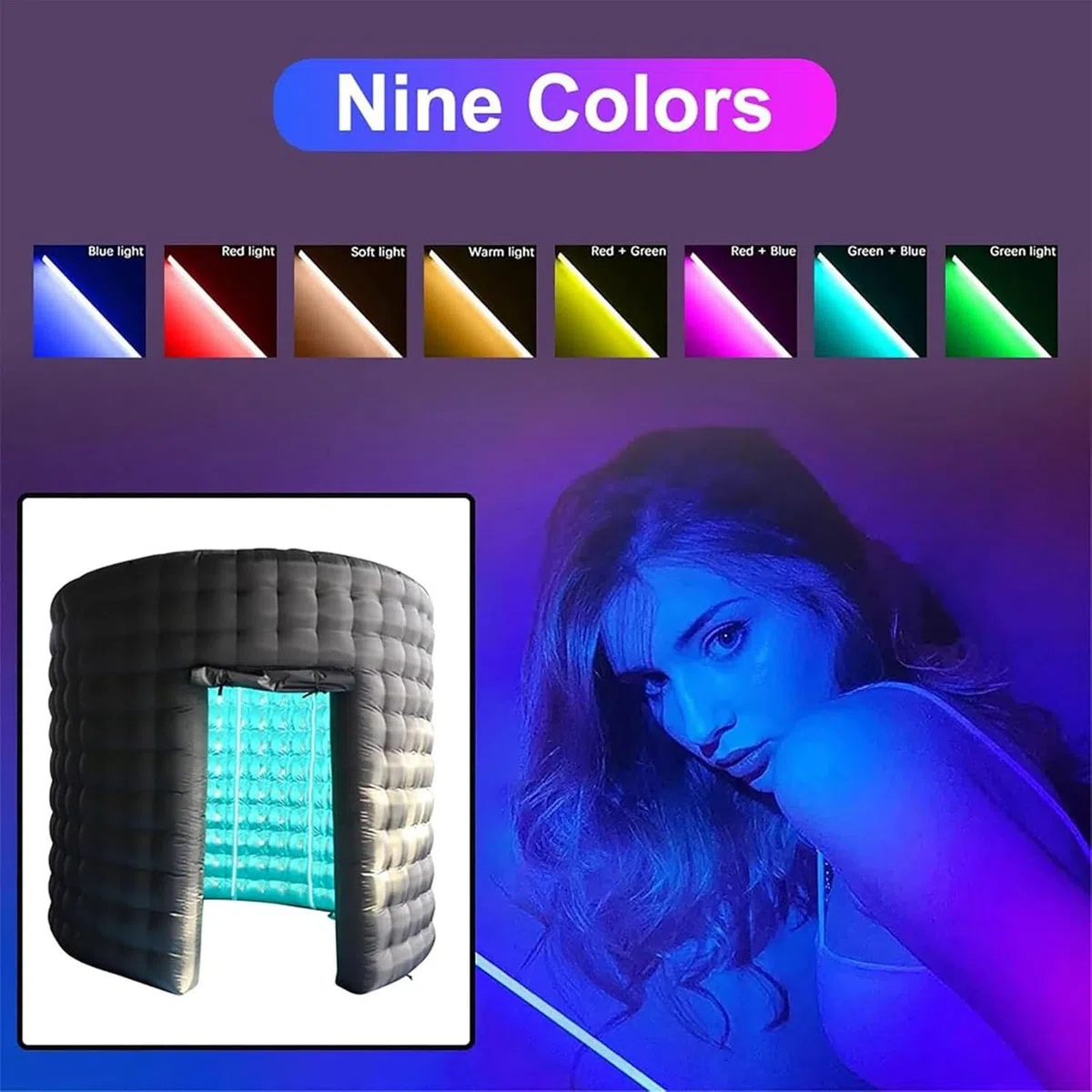 Caja Inflable para Fotomatón, Tienda De Campaña para Fotomatón, Máquina De Fotomatón 360, Telón De Fondo Interior con Luz LED, Fondo De Pared De 10 Pies, 3 Puertas+Cortina+soplador De Aire