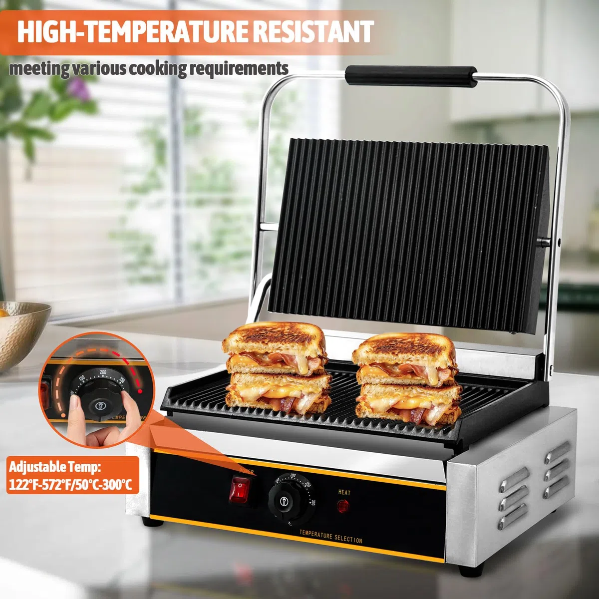 Parrilla de prensa Panini comercial de 2200 W para encimera eléctrica con control de temperatura ajustable, platos ranurados, parrilla, para hamburguesas, filetes Panini, 120 V