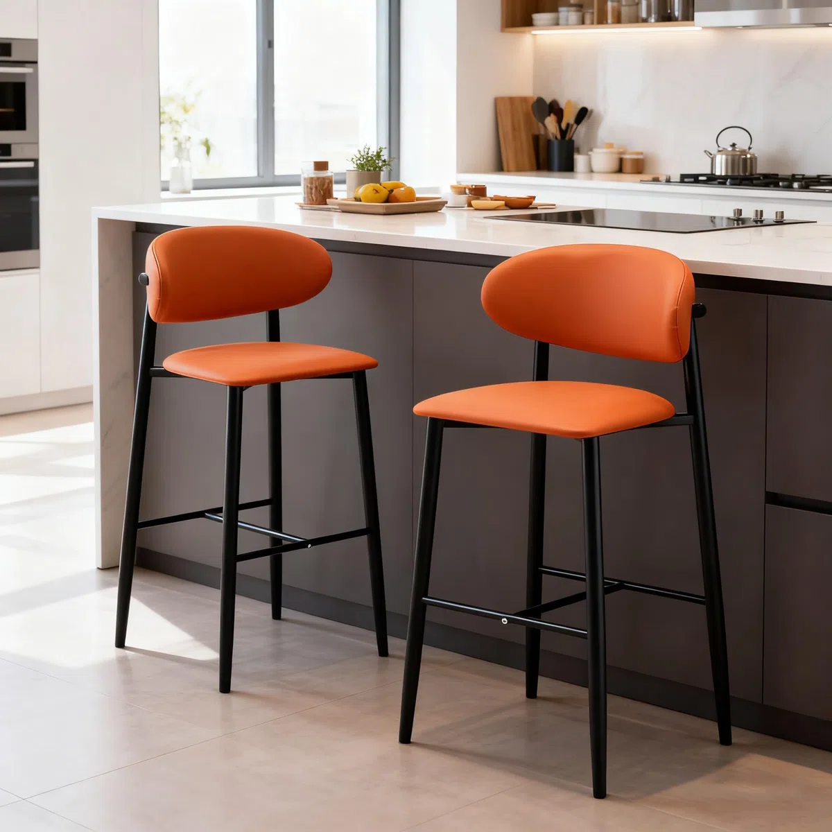 Juego de taburetes de Bar para Isla de Cocina (1/2/3/4 Unidades), Silla ergonómica de Altura de mostrador, Piel sintética, Patas de Madera, fácil Montaje, Color Naranja.