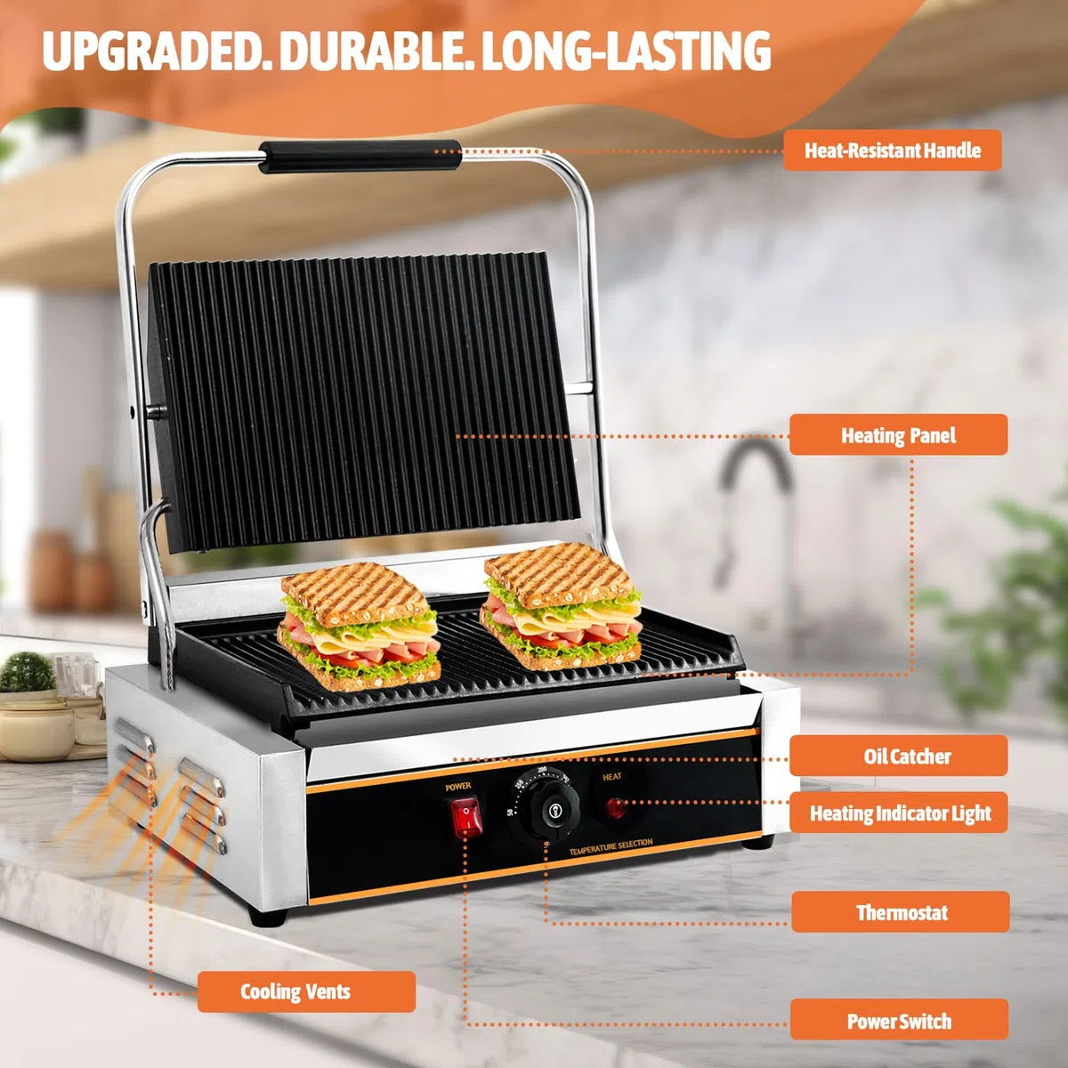 Parrilla de prensa Panini comercial de 2200 W para encimera eléctrica con control de temperatura ajustable, platos ranurados, parrilla, para hamburguesas, filetes Panini, 120 V