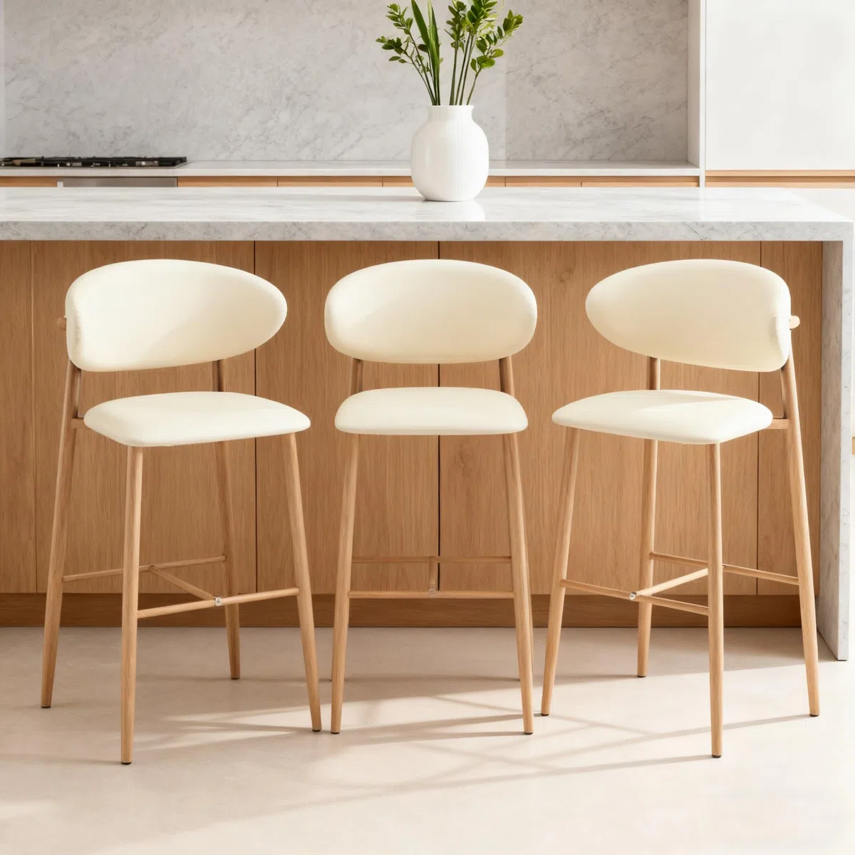 Juego de taburetes de Bar para Isla de Cocina (1/2/3/4 Unidades), Altura de mostrador, con Respaldo ergonómico de Cuero sintético, Patas de Madera Maciza, fácil Montaje, Color Blanco.