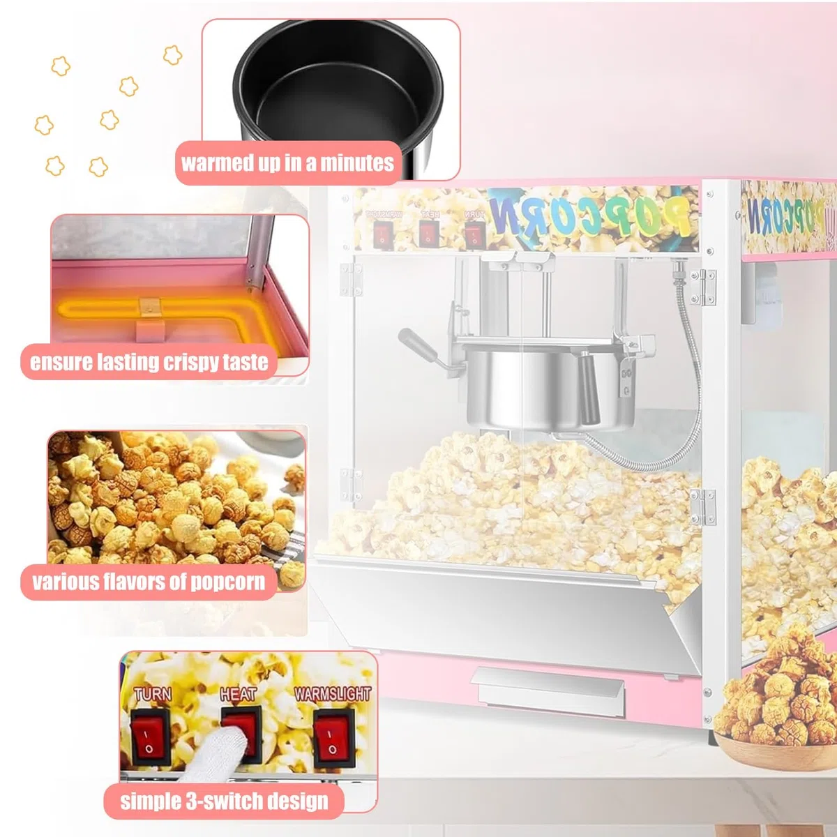 Máquina de palomitas de maíz comercial de cine vintage, máquina de palomitas de maíz comercial con hervidor de 3,5 oz, máquina para hacer palomitas de maíz profesional que prepara hasta 18 tazas par