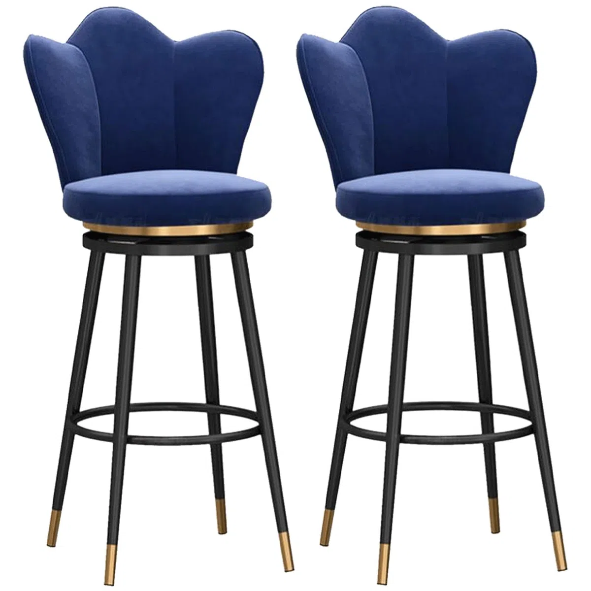 Taburetes Altos de Bar (Juego de 2), sillas giratorias de Respaldo Alto tapizadas en Terciopelo para Isla de Cocina, Color Azul con Patas Negras.