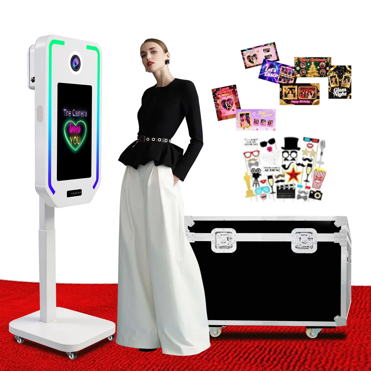 Máquina de fotomatón DSLR, Cabina de Fotos para Selfies Fiestas, elevación eléctrica con 4 Modos de Ahorro de Memoria, Cabina de Fotos con Pantalla táctil de 21.5" (White, Photo Booth)