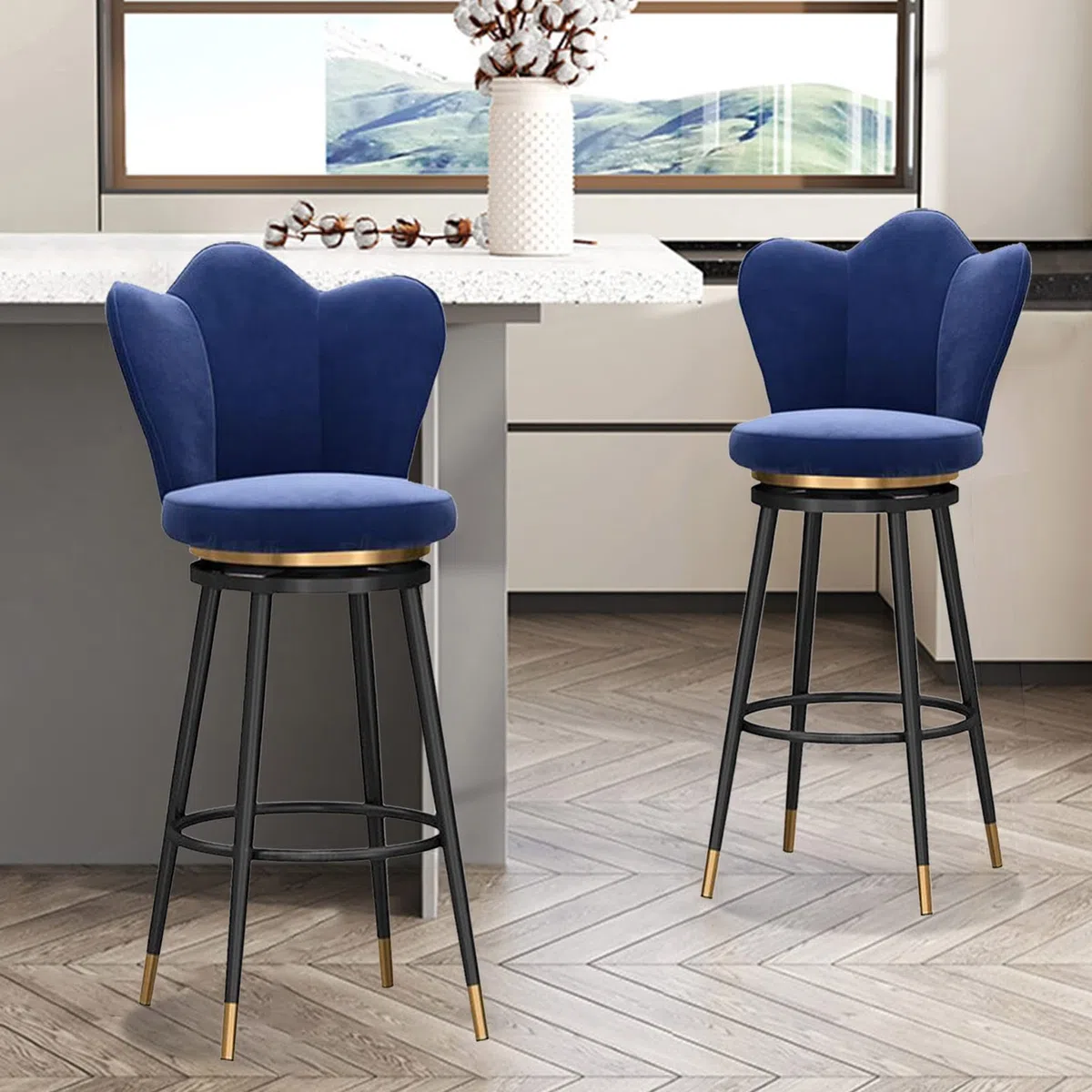 Taburetes Altos de Bar (Juego de 2), sillas giratorias de Respaldo Alto tapizadas en Terciopelo para Isla de Cocina, Color Azul con Patas Negras.