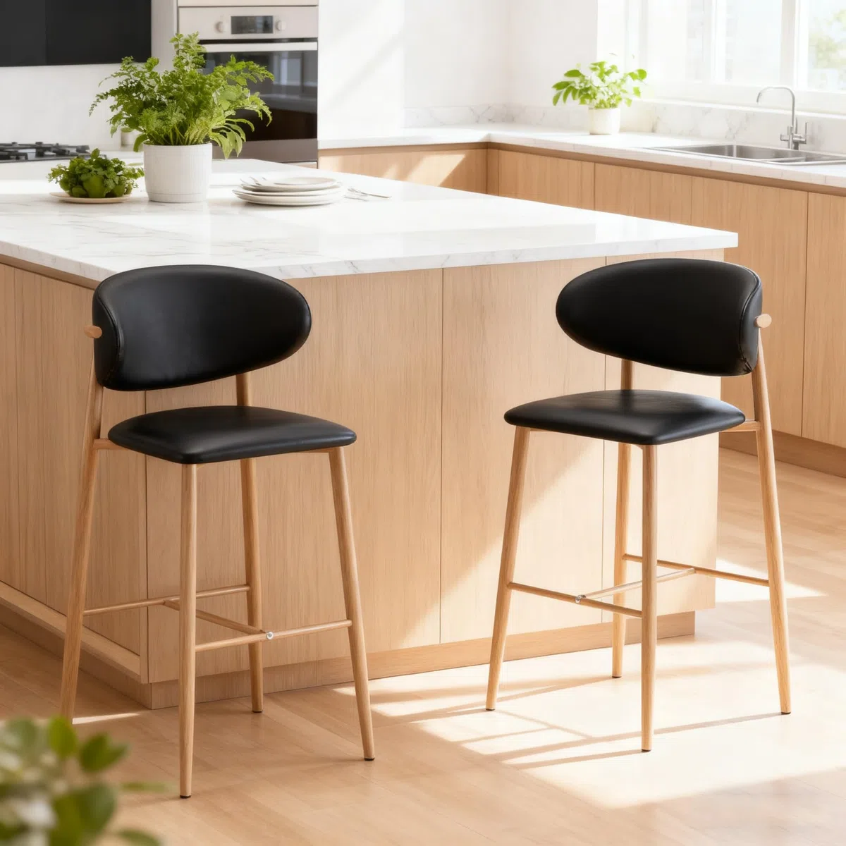 Juego de taburetes de Bar para Isla de Cocina (1/2/3/4 Unidades), sillas Altas para mostrador con Respaldo ergonómico de Cuero sintético, Patas de Madera, fácil Montaje, Color Negro.