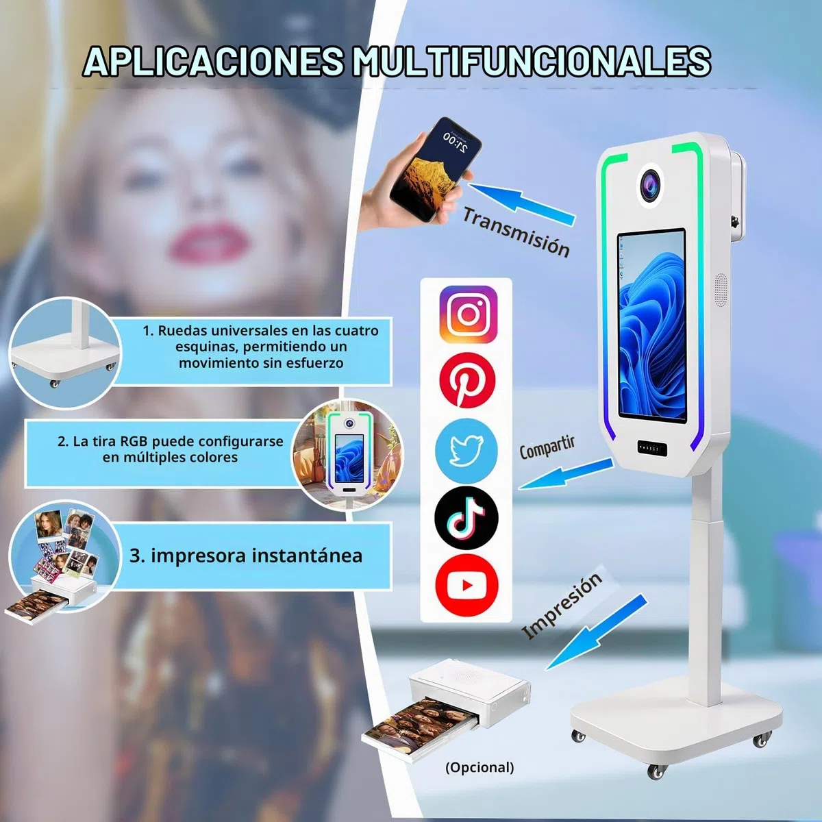 Máquina de fotomatón DSLR, Cabina de Fotos para Selfies Fiestas, elevación eléctrica con 4 Modos de Ahorro de Memoria, Cabina de Fotos con Pantalla táctil de 21.5" (White, Photo Booth)