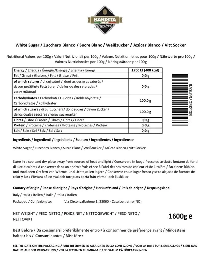 Barista Italiano - 400 Sobres de Azúcar Blanco de 4g | Perfectos para una taza de café | Made in Italy