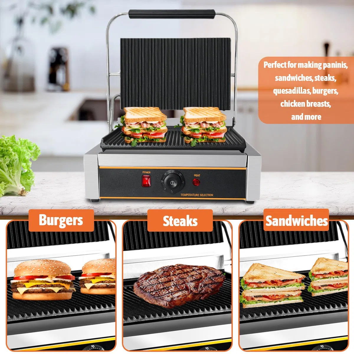 Parrilla de prensa Panini comercial de 2200 W para encimera eléctrica con control de temperatura ajustable, platos ranurados, parrilla, para hamburguesas, filetes Panini, 120 V