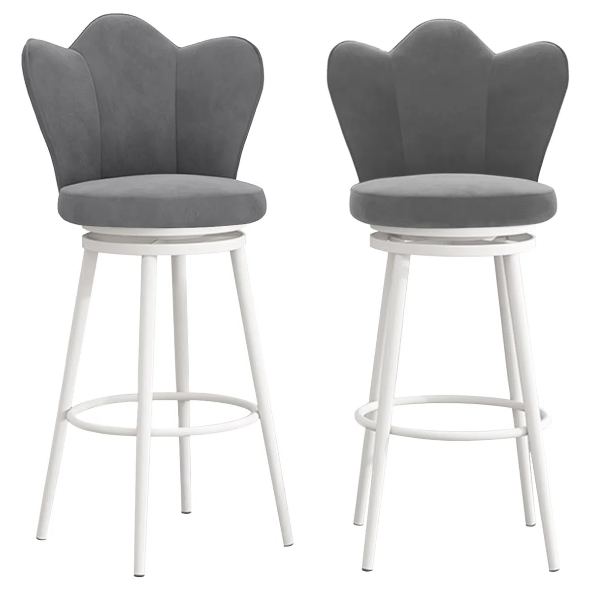 Taburetes de Bar giratorios de Altura de mostrador (Juego de 2), tapizados en Terciopelo con Respaldo Alto, Color Gris Moderno para Isla de Cocina, Patas Blancas.
