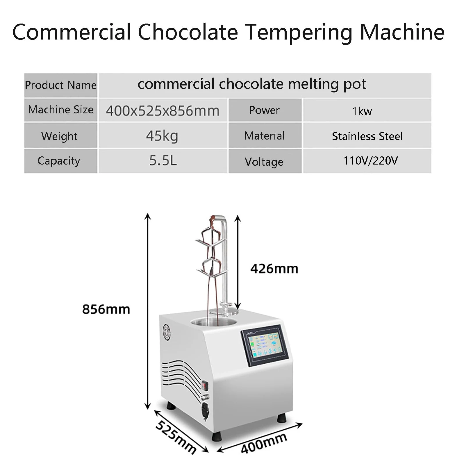Máquina de fuente de chocolate comercial, máquina de templado para derretir chocolate, calentador de chocolate caliente comercial, perfecto para barra de chocolate