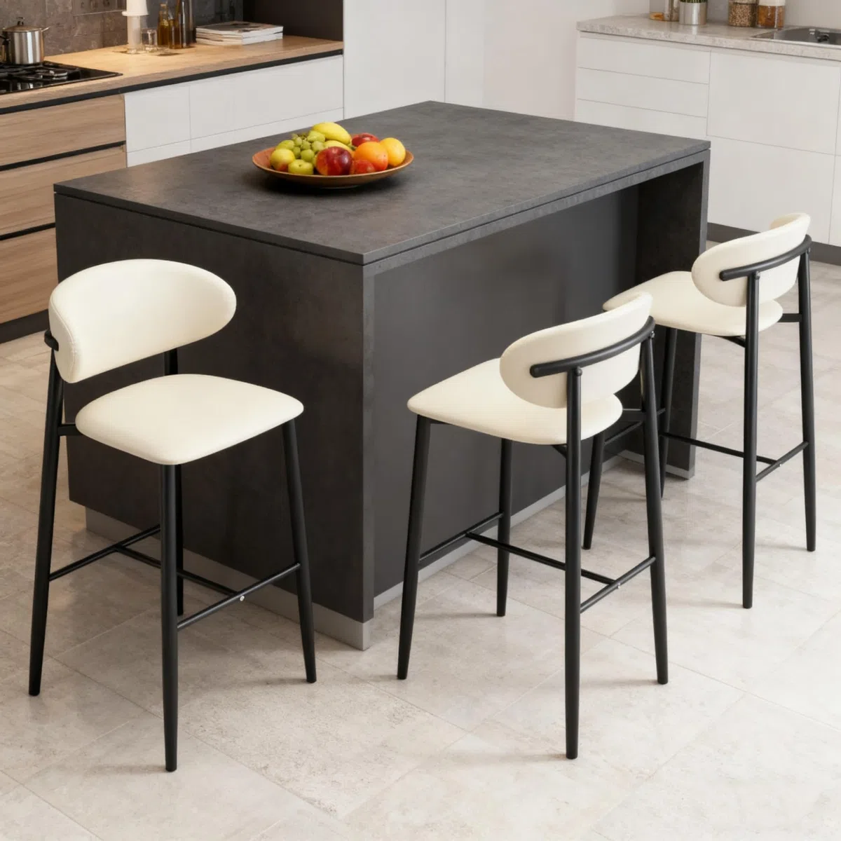 Juego de taburetes de Bar para Isla de Cocina (1/2/3/4 Unidades), Altura de mostrador, con Respaldo ergonómico de Cuero sintético, Patas de Madera Maciza, fácil Montaje, Color Blanco.
