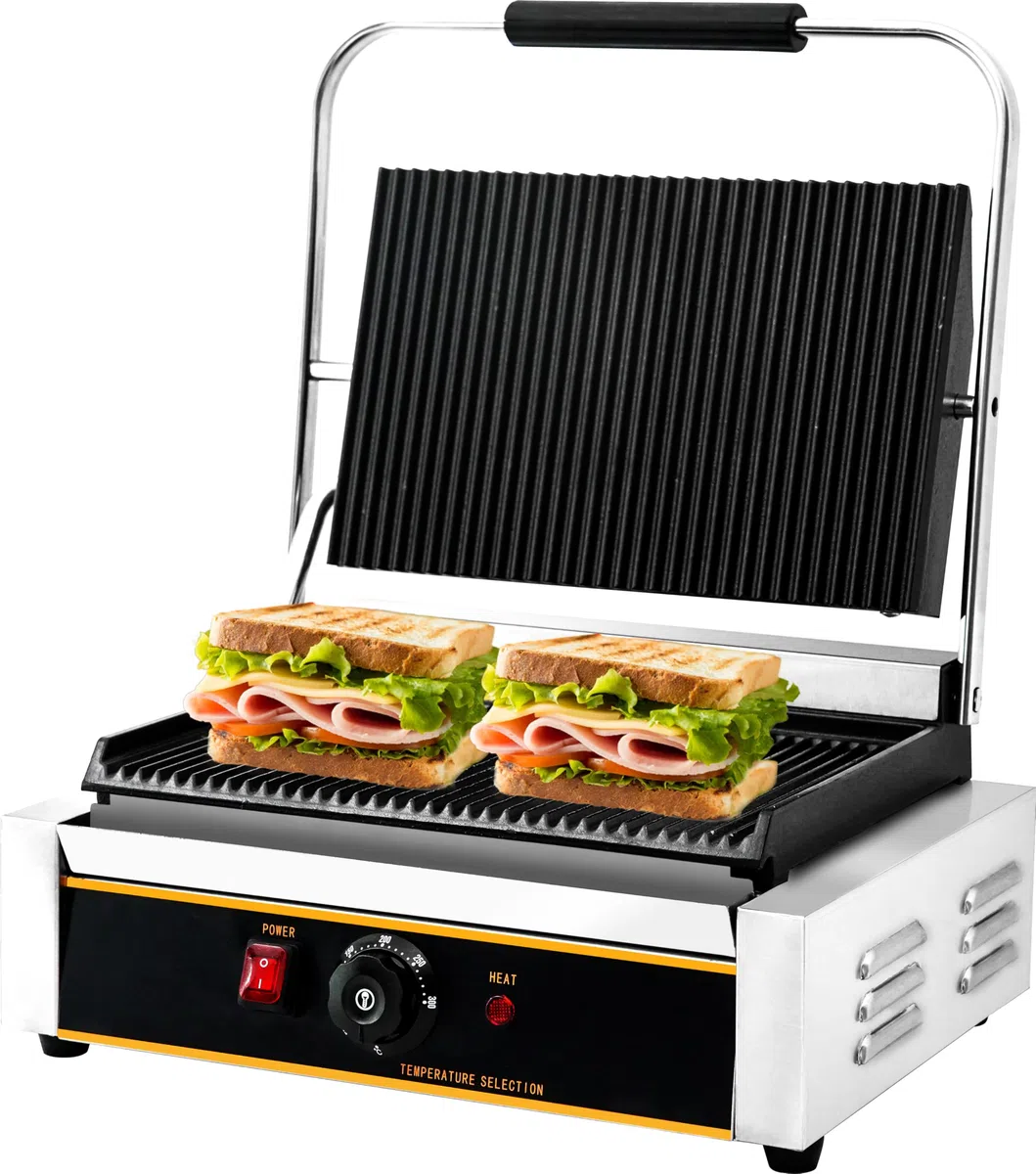 Parrilla de prensa Panini comercial de 2200 W para encimera eléctrica con control de temperatura ajustable, platos ranurados, parrilla, para hamburguesas, filetes Panini, 120 V