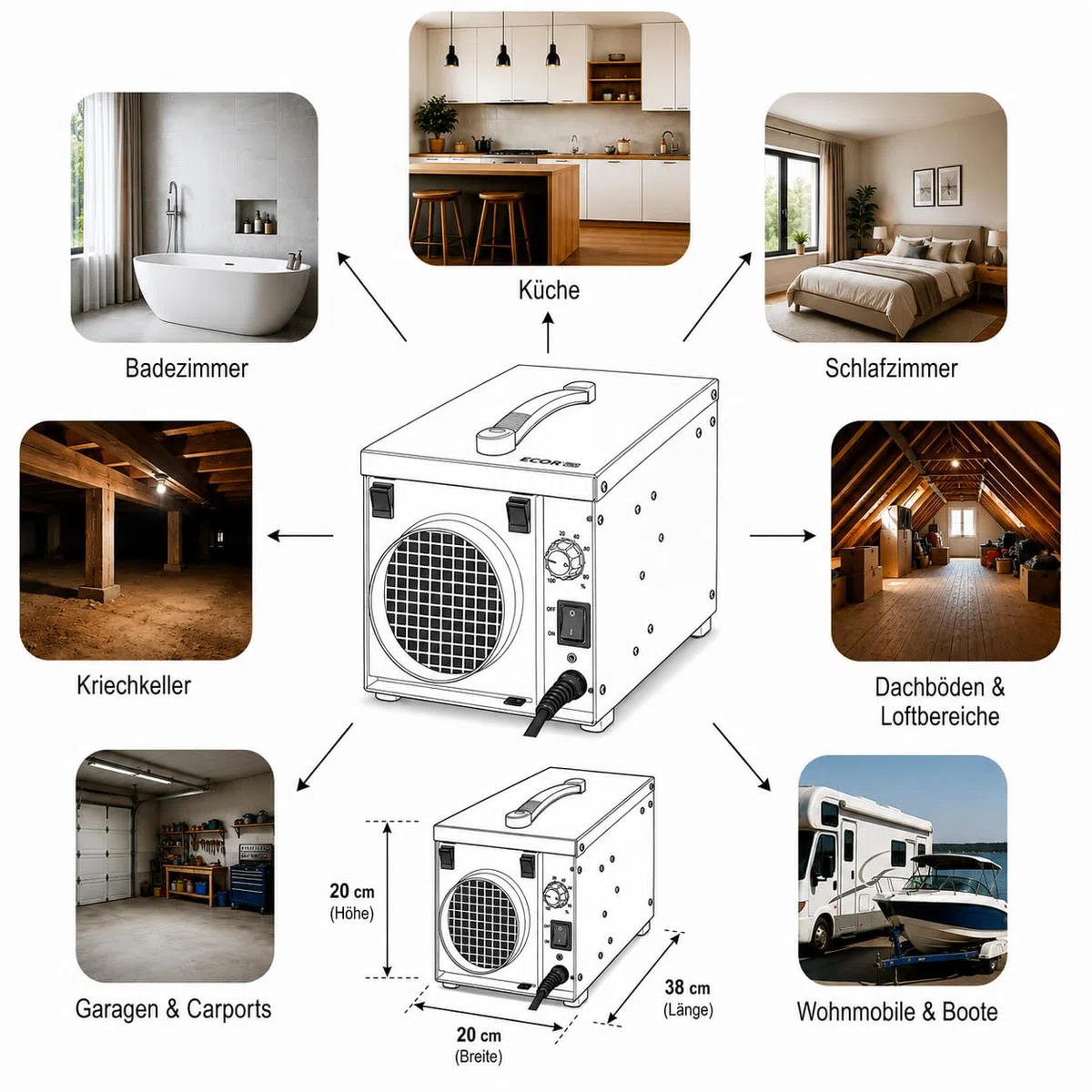 Ecor Pro DryFan DH1200 - Deshumidificador de adsorción (12 l/día, construcción totalmente metálica con revestimiento epoxi, para uso doméstico e industrial y para habitaciones de hasta 200 m²)