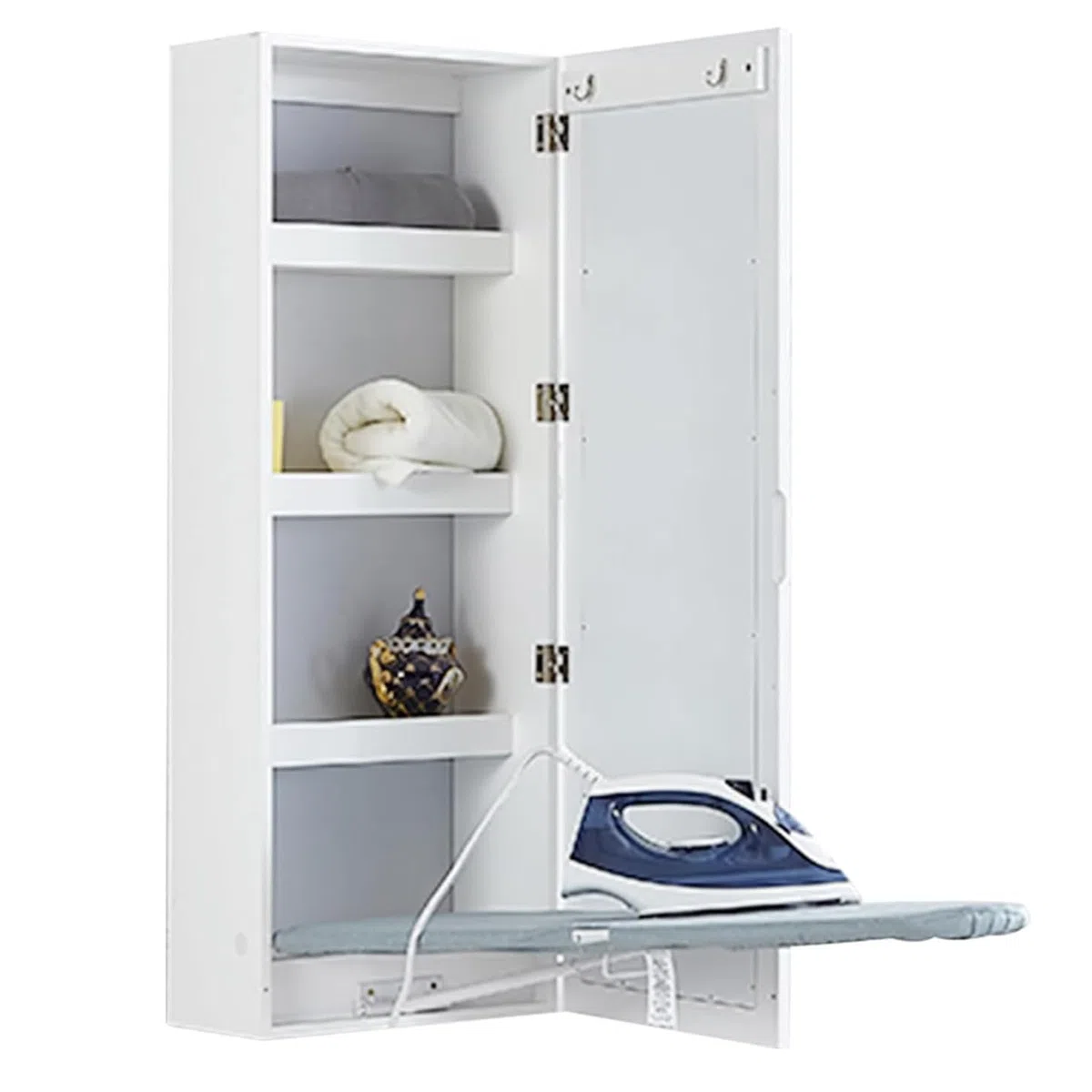 Tabla de planchar montada en la pared, estación de almacenamiento de planchado plegable, con ganchos para ropa y tabla de planchar resistente a altas temperaturas, espejo/espacio de almacenamiento, pa
