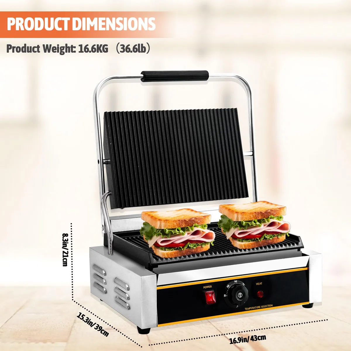 Parrilla de prensa Panini comercial de 2200 W para encimera eléctrica con control de temperatura ajustable, platos ranurados, parrilla, para hamburguesas, filetes Panini, 120 V