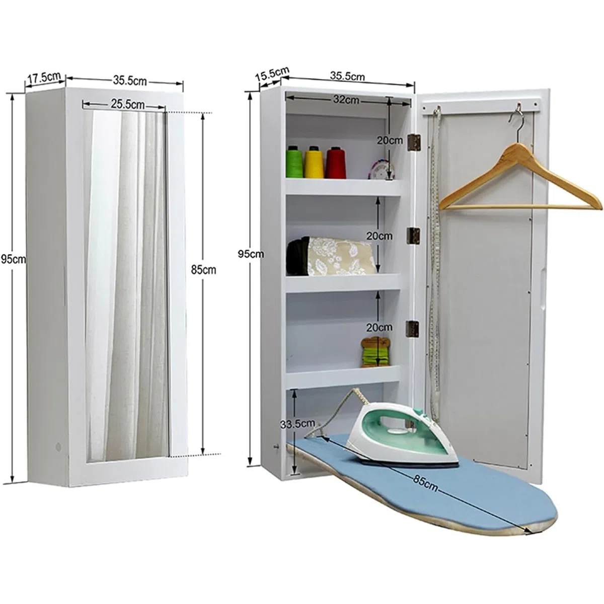Tabla de planchar montada en la pared, estación de almacenamiento de planchado plegable, con ganchos para ropa y tabla de planchar resistente a altas temperaturas, espejo/espacio de almacenamiento, pa